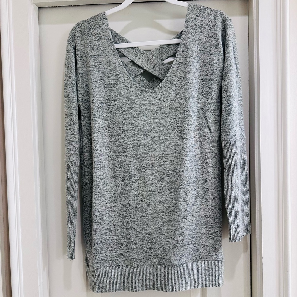 Chance or Fate Greenish/Gray V-Neck Sweater with Criss Cross Back Detail